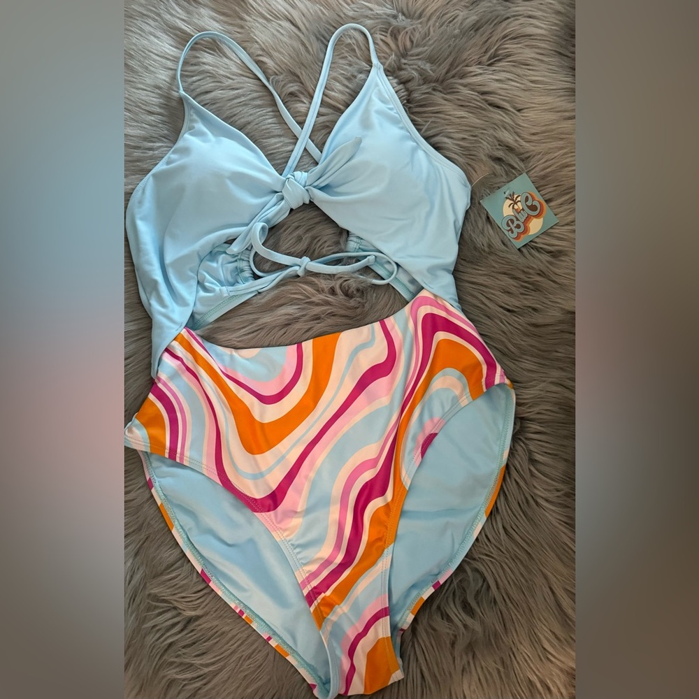 Blu C One Piece Swimsuit Cut outs Tankini Blue Stripe Color block Sz L NWT